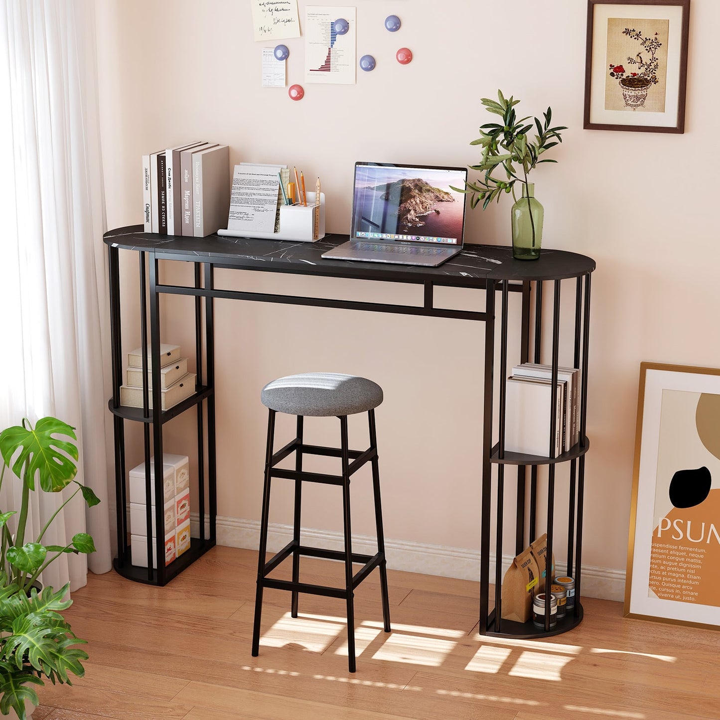 150 CM Long Bar Table with Faux Marble Tabletop & Storage Shelves for Kitchen & Dining-Black