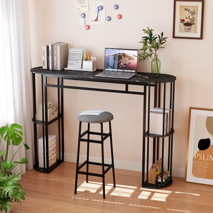 150 CM Long Bar Table with Faux Marble Tabletop & Storage Shelves for Kitchen & Dining-Black