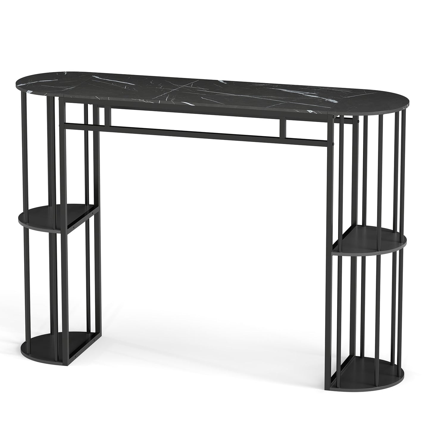 150 CM Long Bar Table with Faux Marble Tabletop & Storage Shelves for Kitchen & Dining-Black
