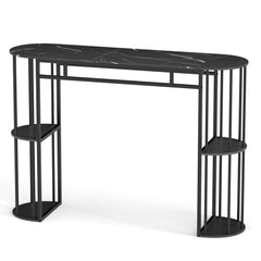 150 CM Long Bar Table with Faux Marble Tabletop & Storage Shelves for Kitchen & Dining-Black