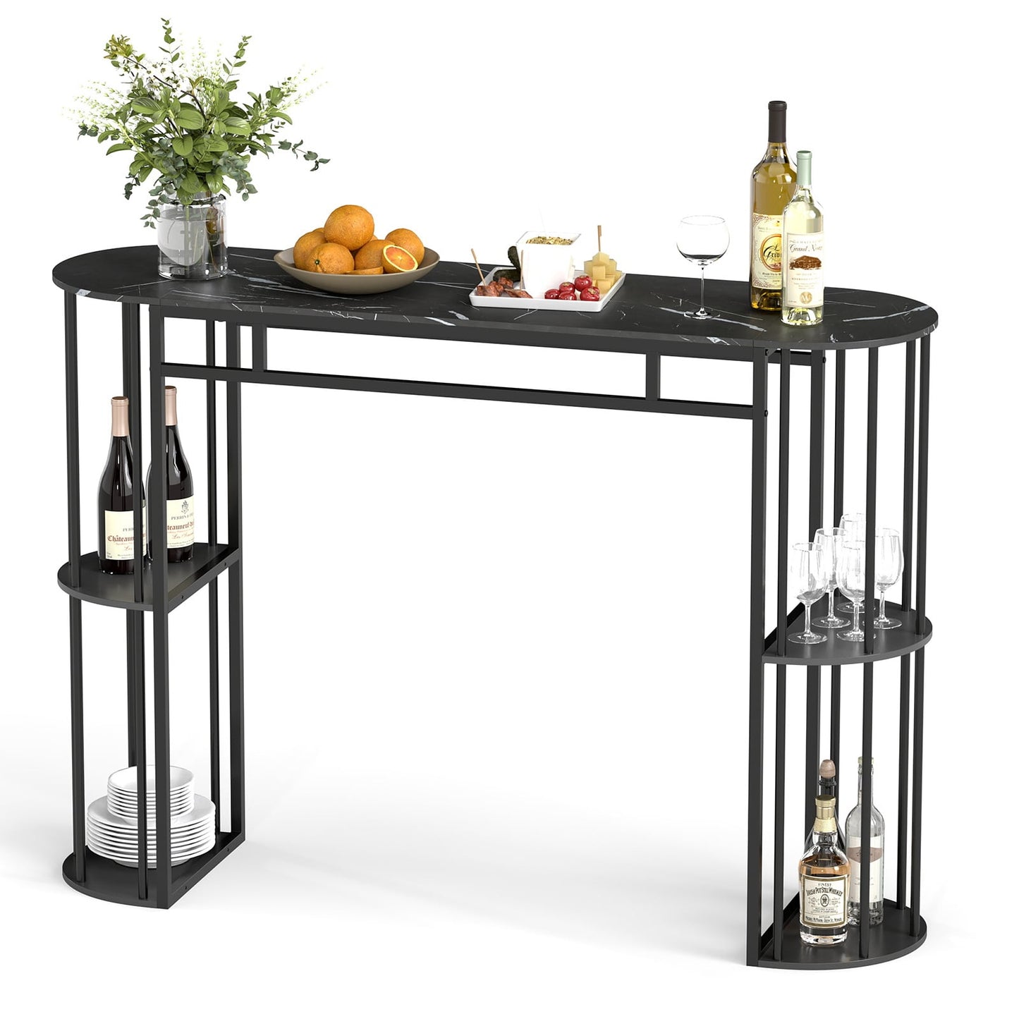 150 CM Long Bar Table with Faux Marble Tabletop & Storage Shelves for Kitchen & Dining-Black