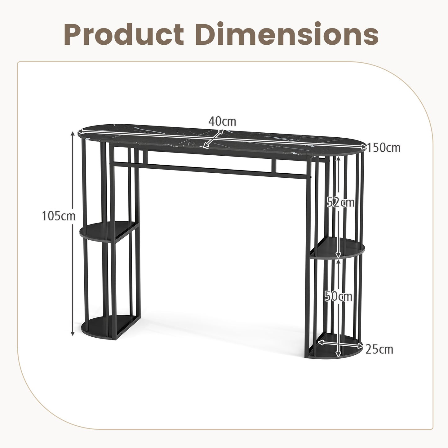 150 CM Long Bar Table with Faux Marble Tabletop & Storage Shelves for Kitchen & Dining-Black