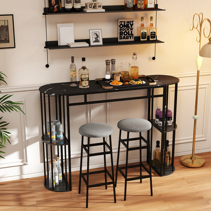 150 CM Long Bar Table with Faux Marble Tabletop & Storage Shelves for Kitchen & Dining-Black