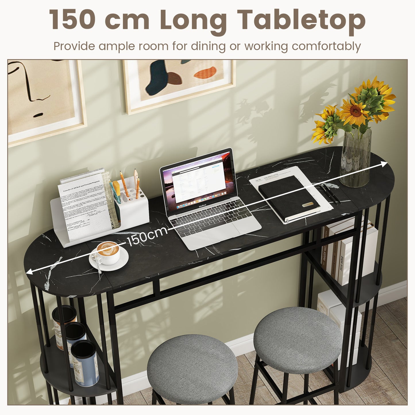 150 CM Long Bar Table with Faux Marble Tabletop & Storage Shelves for Kitchen & Dining-Black