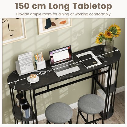 150 CM Long Bar Table with Faux Marble Tabletop & Storage Shelves for Kitchen & Dining-Black