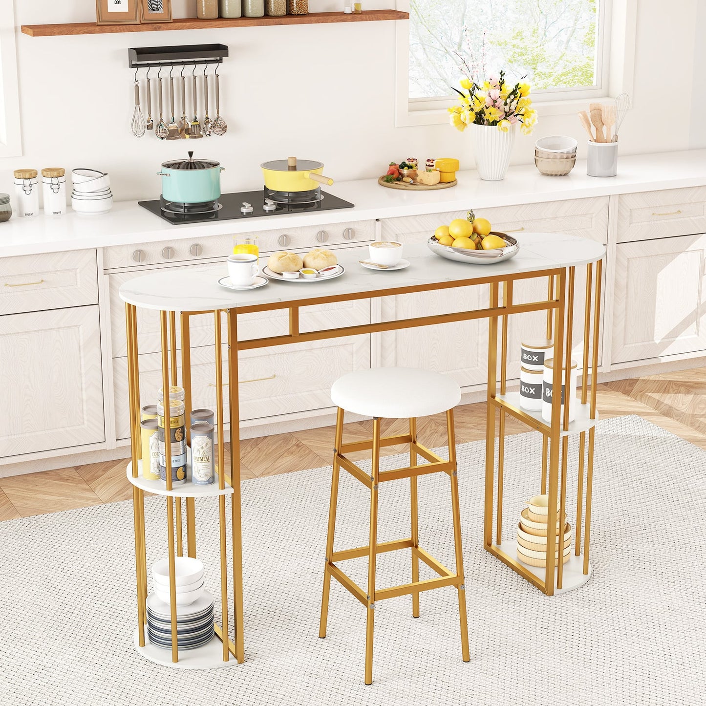 150 CM Long Bar Table with Faux Marble Tabletop & Storage Shelves for Kitchen & Dining-Golden and White