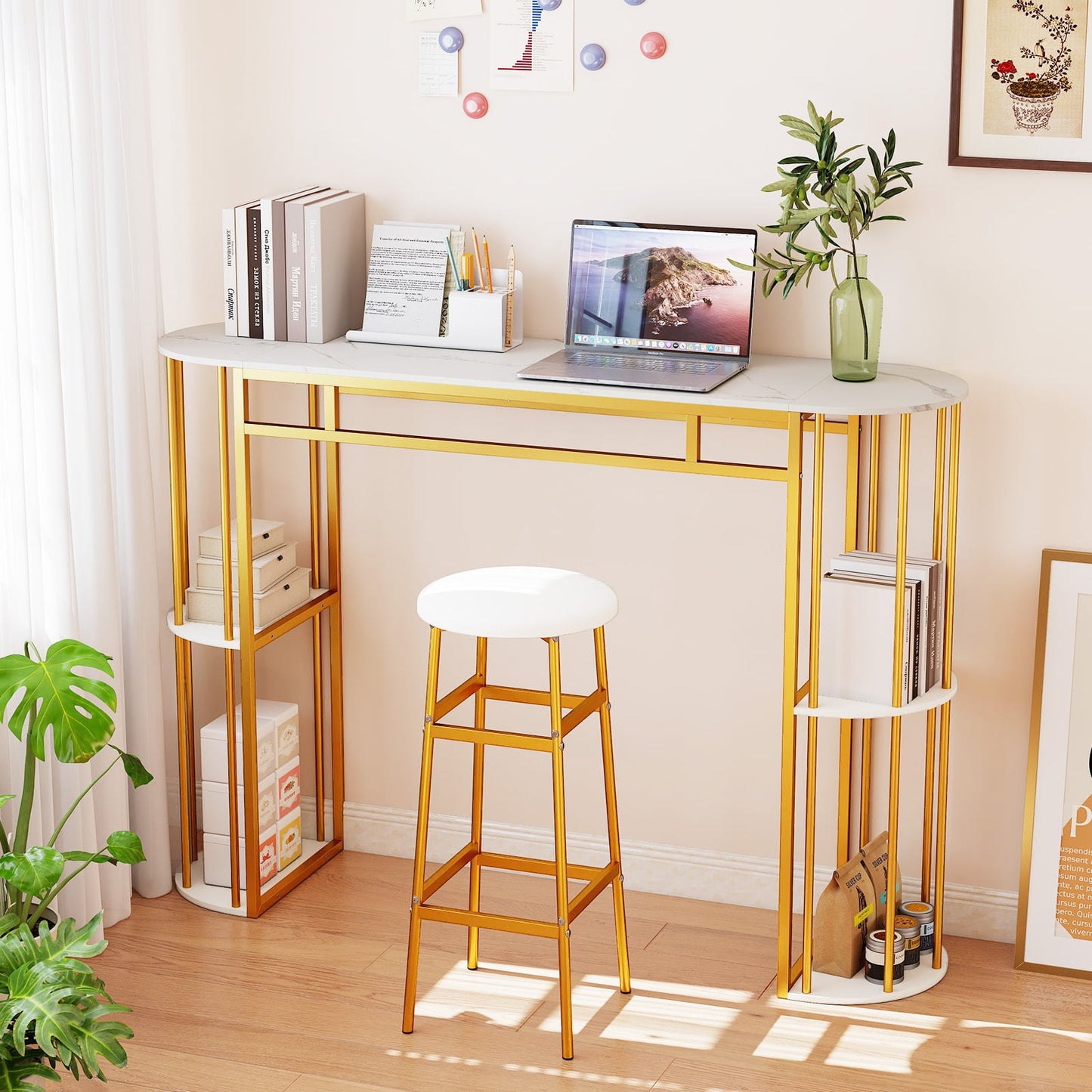 150 CM Long Bar Table with Faux Marble Tabletop & Storage Shelves for Kitchen & Dining-Golden and White