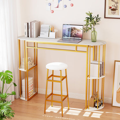 150 CM Long Bar Table with Faux Marble Tabletop & Storage Shelves for Kitchen & Dining-Golden and White