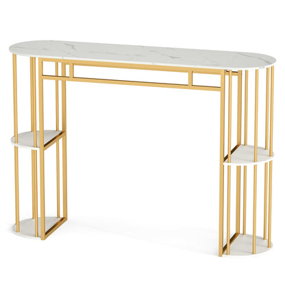 150 CM Long Bar Table with Faux Marble Tabletop & Storage Shelves for Kitchen & Dining-Golden and White