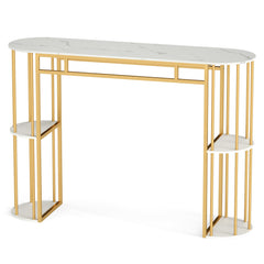 150 CM Long Bar Table with Faux Marble Tabletop & Storage Shelves for Kitchen & Dining-Golden and White