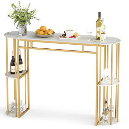 150 CM Long Bar Table with Faux Marble Tabletop & Storage Shelves for Kitchen & Dining-Golden and White