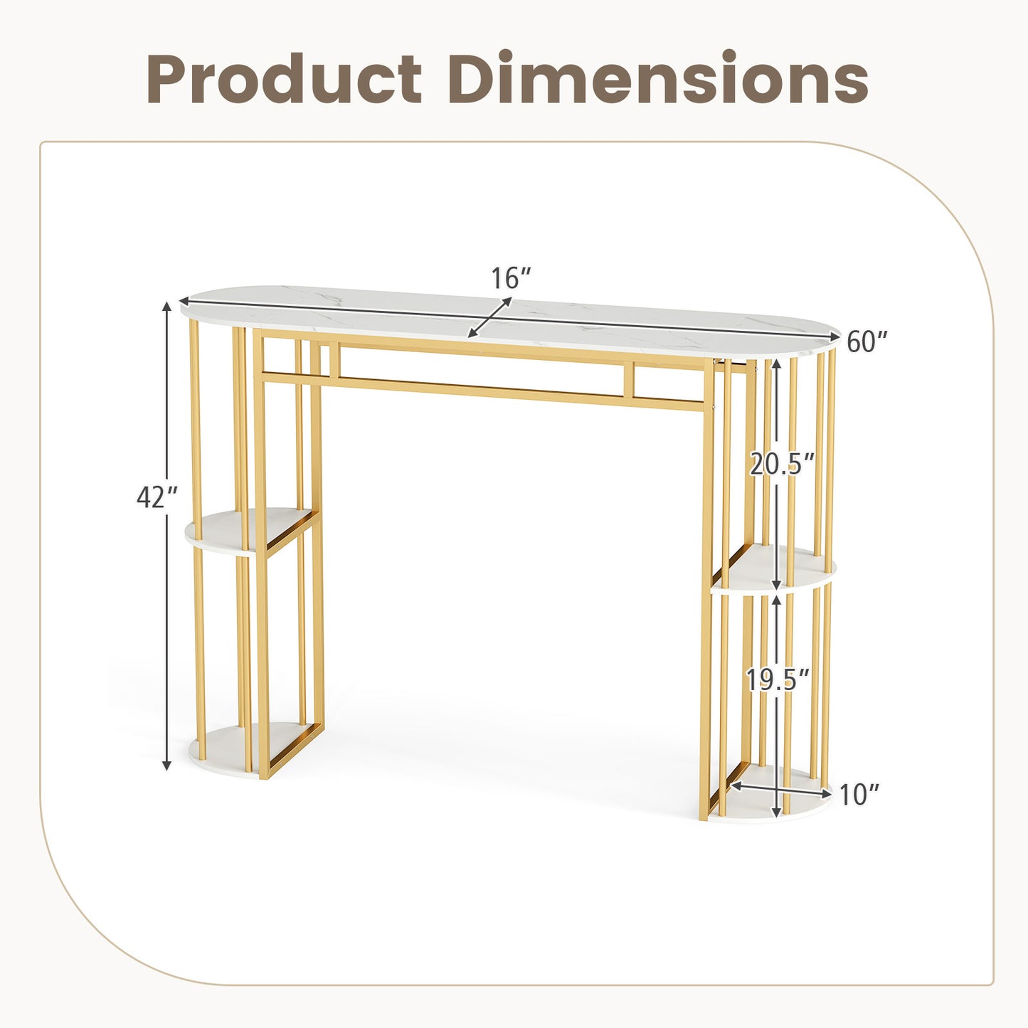 150 CM Long Bar Table with Faux Marble Tabletop & Storage Shelves for Kitchen & Dining-Golden and White