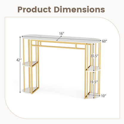 150 CM Long Bar Table with Faux Marble Tabletop & Storage Shelves for Kitchen & Dining-Golden and White