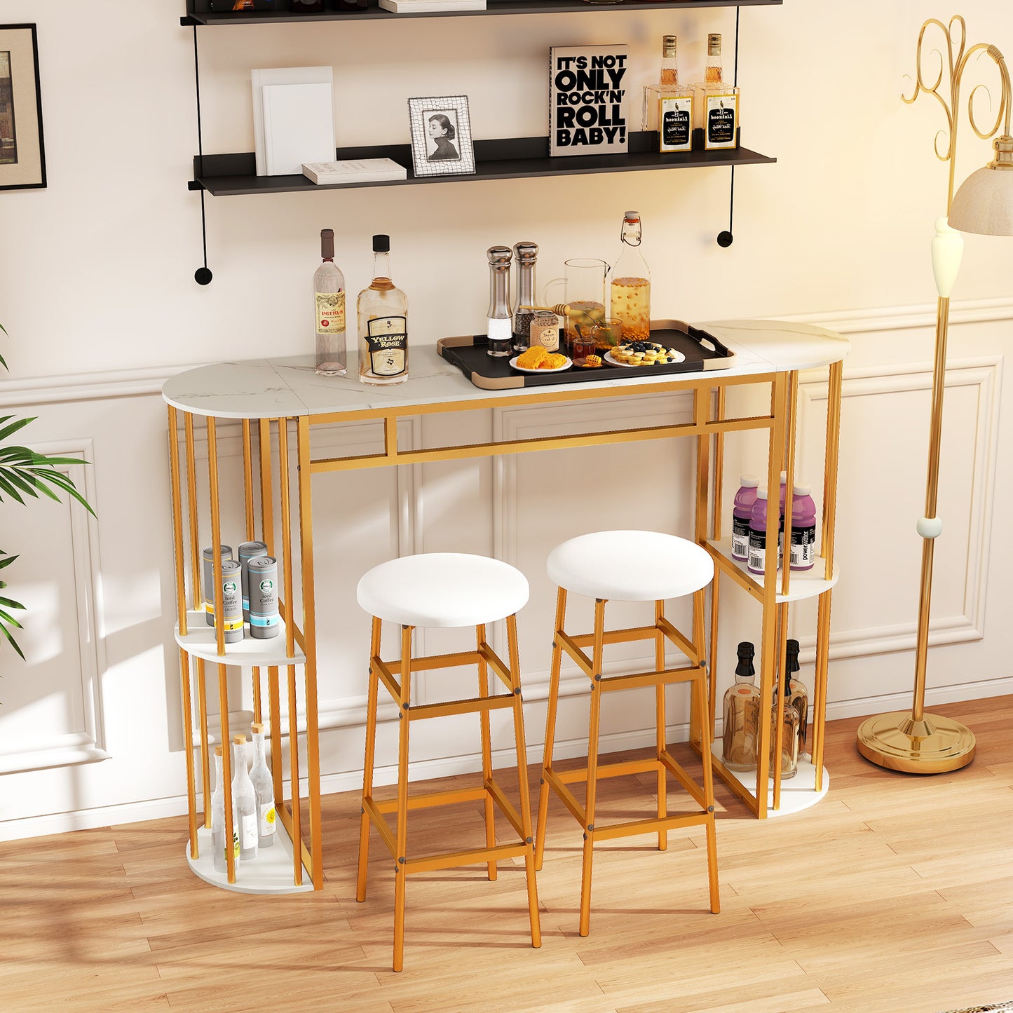 150 CM Long Bar Table with Faux Marble Tabletop & Storage Shelves for Kitchen & Dining-Golden and White
