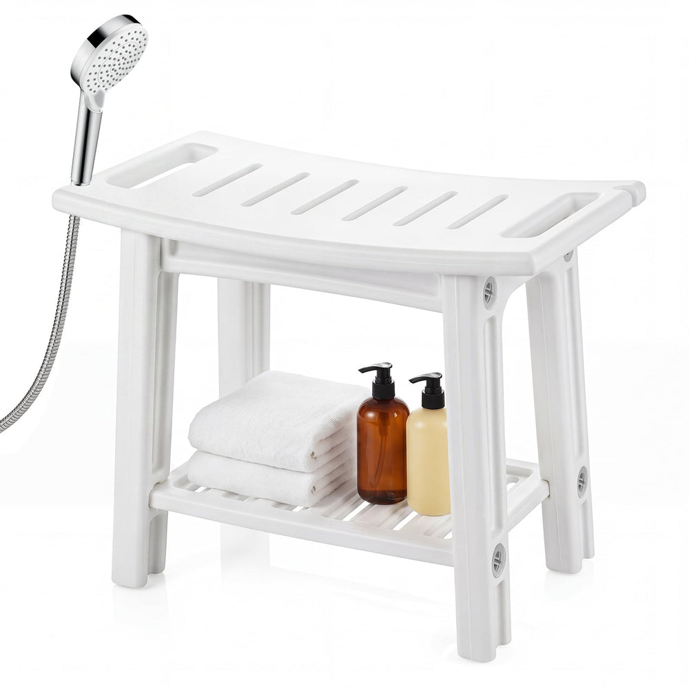 150 KG Capacity HDPE Shower Bench with Storage Shelf and Handles-White