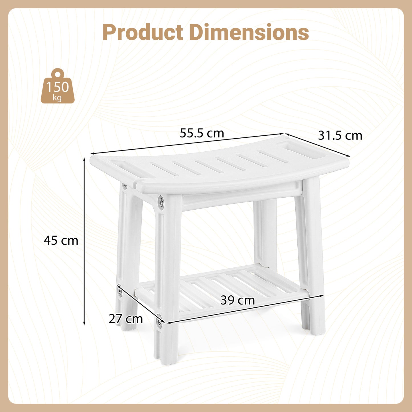 150 KG Capacity HDPE Shower Bench with Storage Shelf and Handles-White