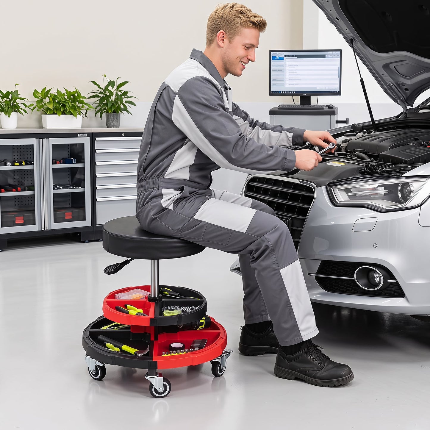 150 KG Max Load Rolling Mechanic Stool with Cushioned Seat Dual Tool Trays for Repair Shop-Red