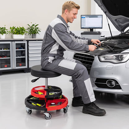 150 KG Max Load Rolling Mechanic Stool with Cushioned Seat Dual Tool Trays for Repair Shop-Red