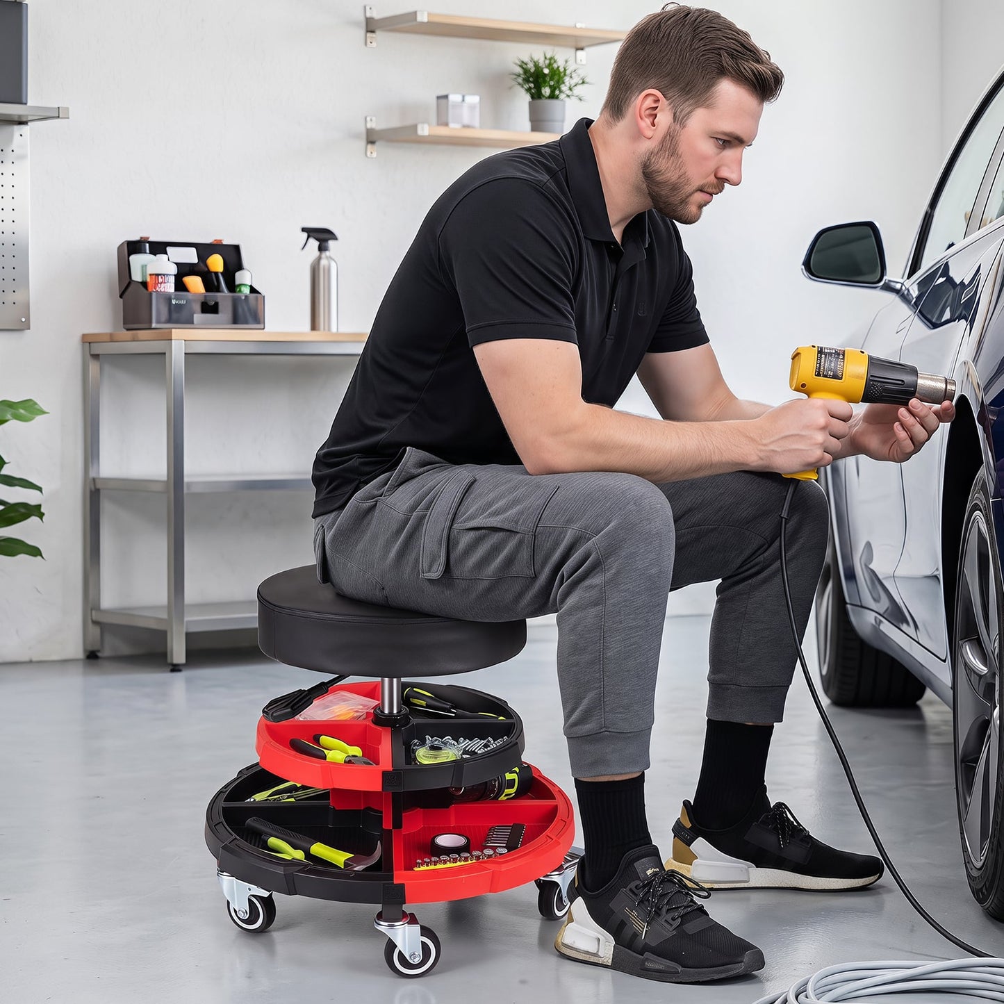 150 KG Max Load Rolling Mechanic Stool with Cushioned Seat Dual Tool Trays for Repair Shop-Red