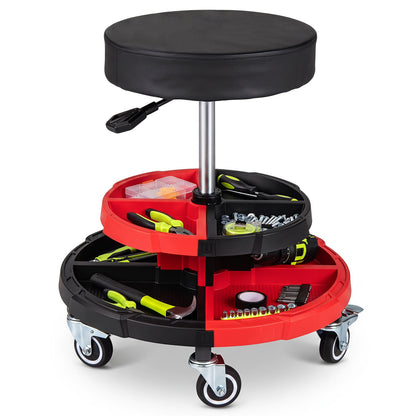 150 KG Max Load Rolling Mechanic Stool with Cushioned Seat Dual Tool Trays for Repair Shop-Red
