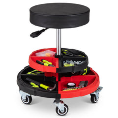 150 KG Max Load Rolling Mechanic Stool with Cushioned Seat Dual Tool Trays for Repair Shop-Red