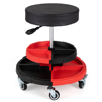 150 KG Max Load Rolling Mechanic Stool with Cushioned Seat Dual Tool Trays for Repair Shop-Red