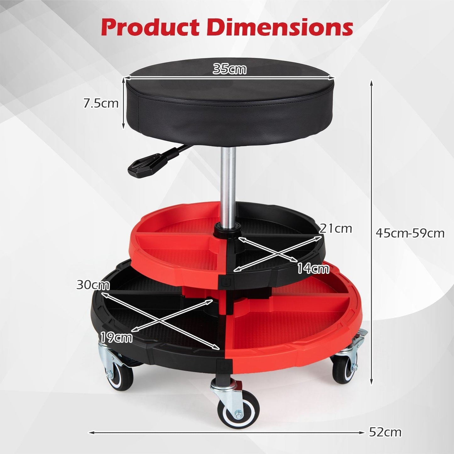 150 KG Max Load Rolling Mechanic Stool with Cushioned Seat Dual Tool Trays for Repair Shop-Red