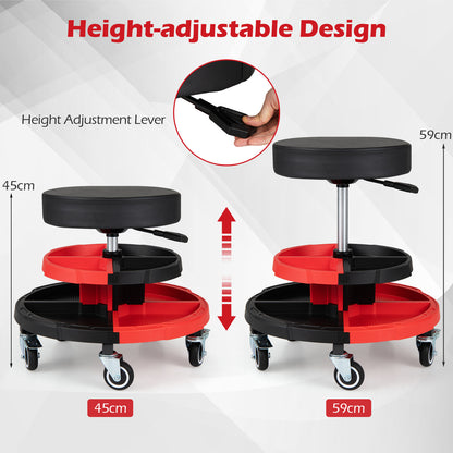 150 KG Max Load Rolling Mechanic Stool with Cushioned Seat Dual Tool Trays for Repair Shop-Red