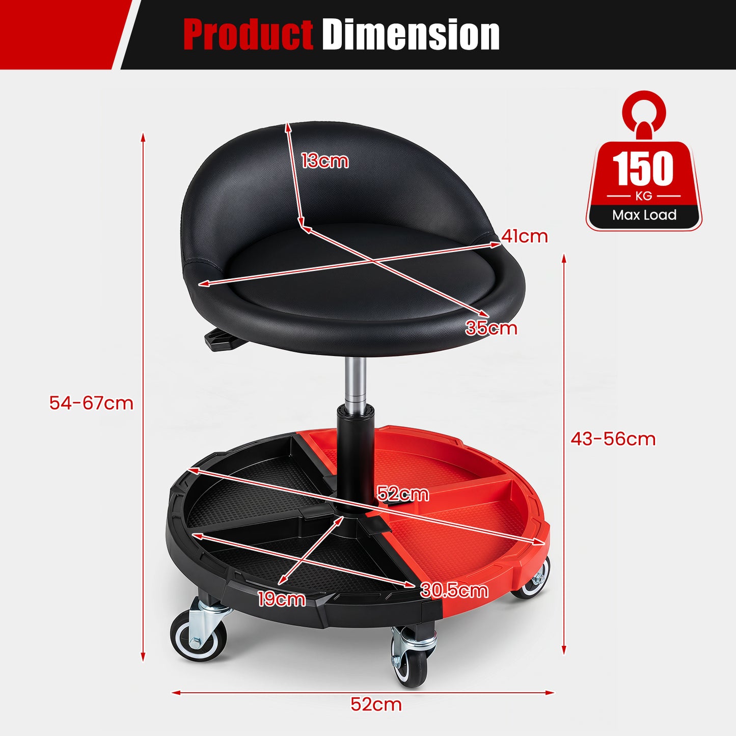 150 KG Max Weight Capacity 360° Rolling Mechanic Stool with Tool Storage Tray Backrest-Red