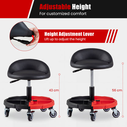150 KG Max Weight Capacity 360° Rolling Mechanic Stool with Tool Storage Tray Backrest-Red