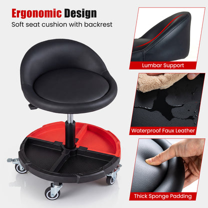 150 KG Max Weight Capacity 360° Rolling Mechanic Stool with Tool Storage Tray Backrest-Red