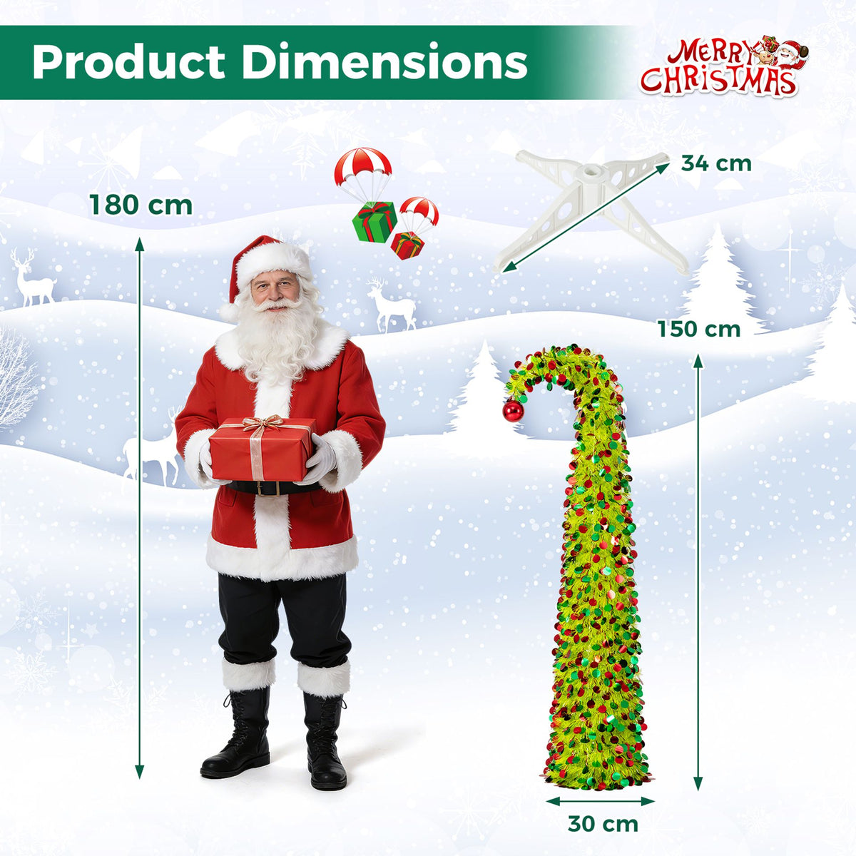 150 cm Pop Up Whimsical Christmas Tree with Arched Treetop and Xmas Ball for Small Space