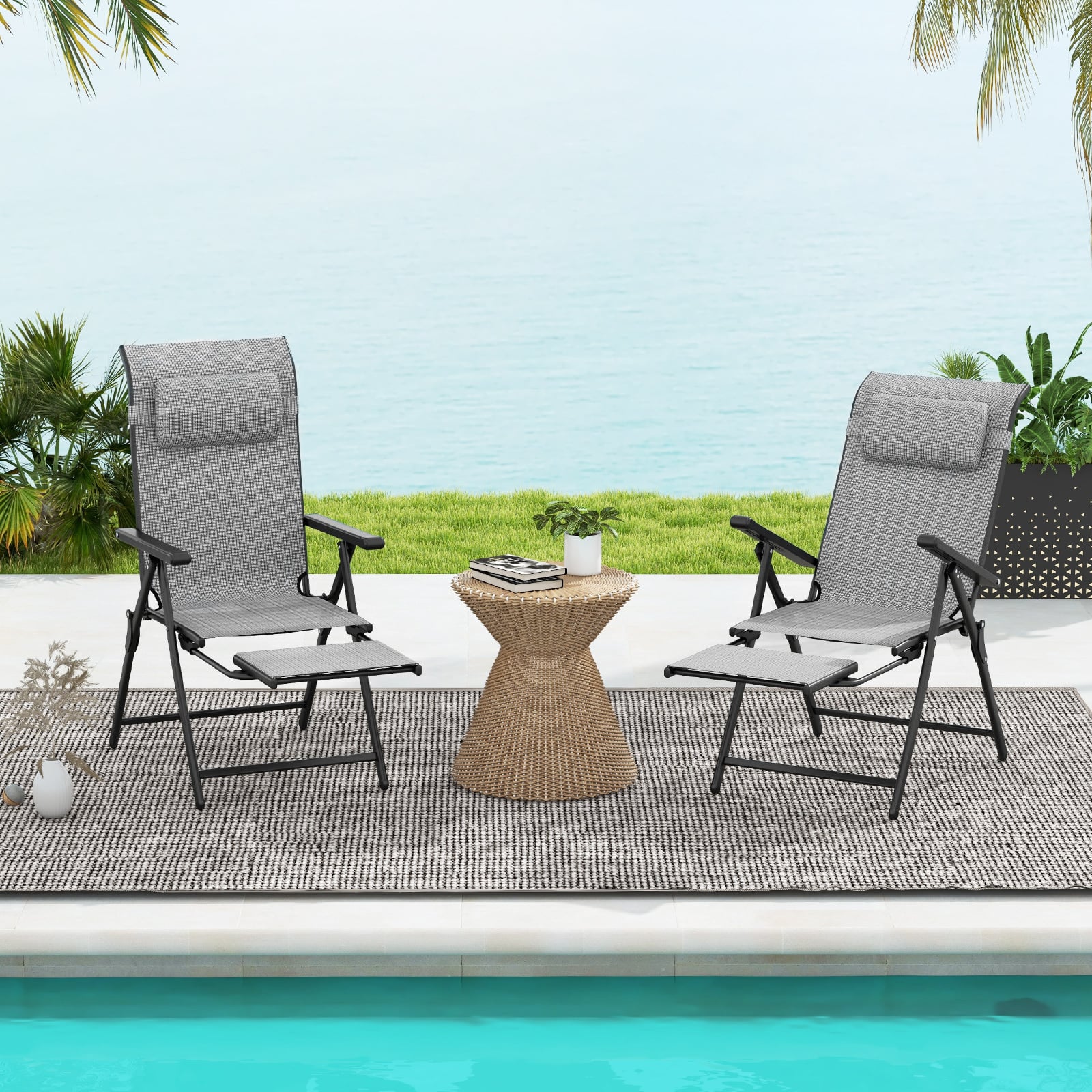 150 kg Capacity Folding Patio Chairs Set of 2 with 10-Level Adjustable Backrests and Armrests-Grey