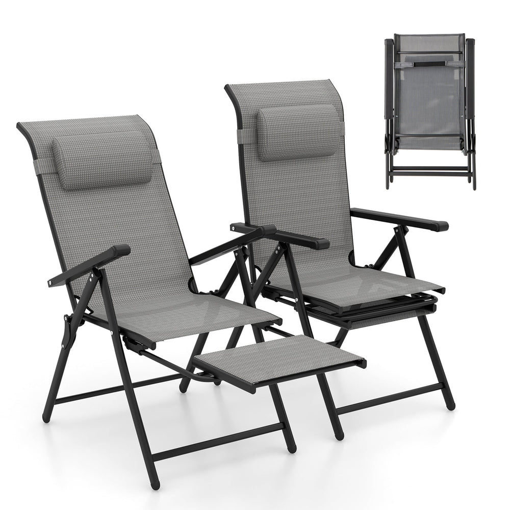 150 kg Capacity Folding Patio Chairs Set of 2 with 10-Level Adjustable Backrests and Armrests-Grey