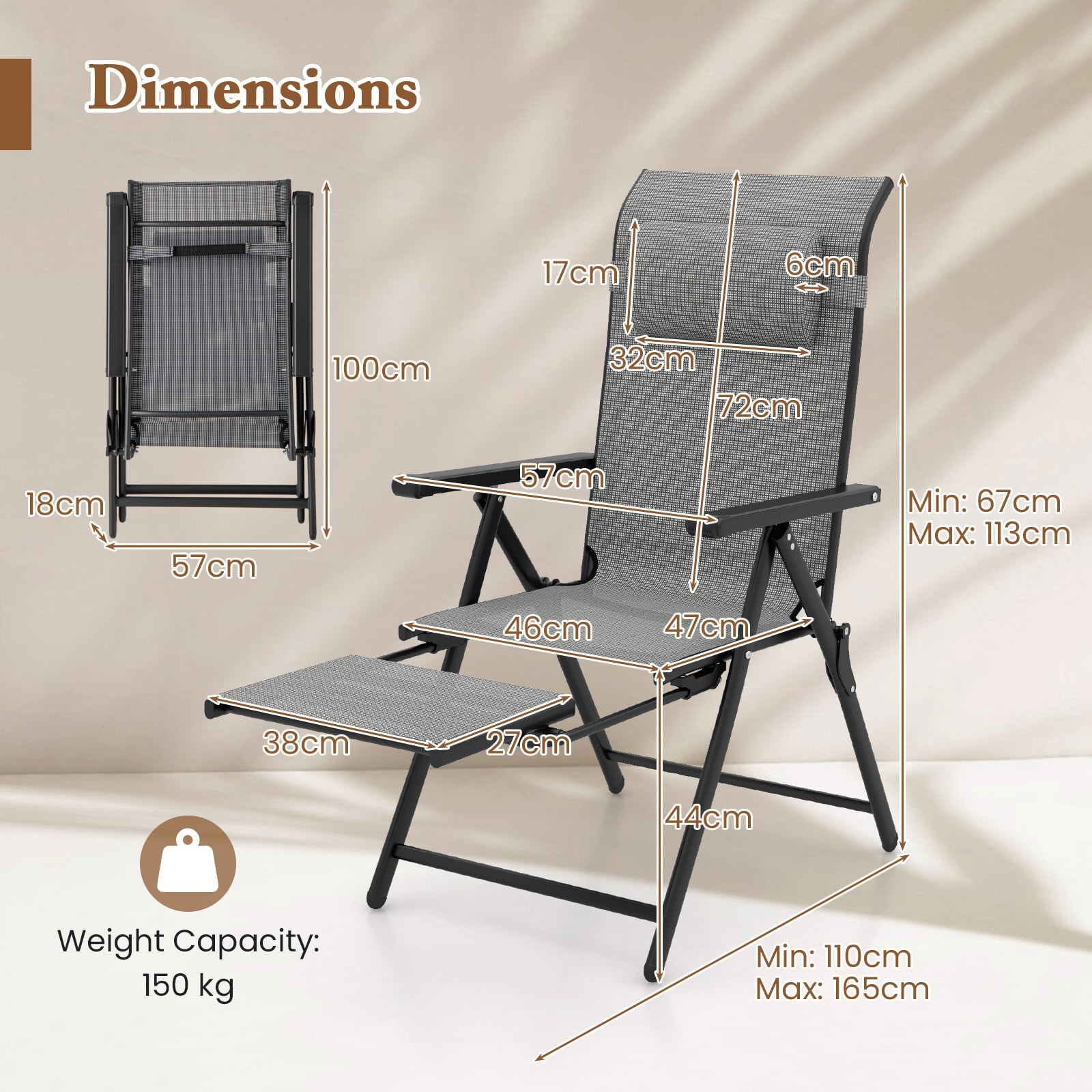 150 kg Capacity Folding Patio Chairs Set of 2 with 10-Level Adjustable Backrests and Armrests-Grey