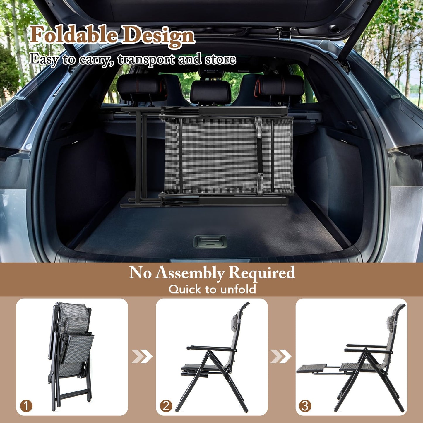 150 kg Capacity Folding Patio Chairs Set of 2 with 10-Level Adjustable Backrests and Armrests-Grey