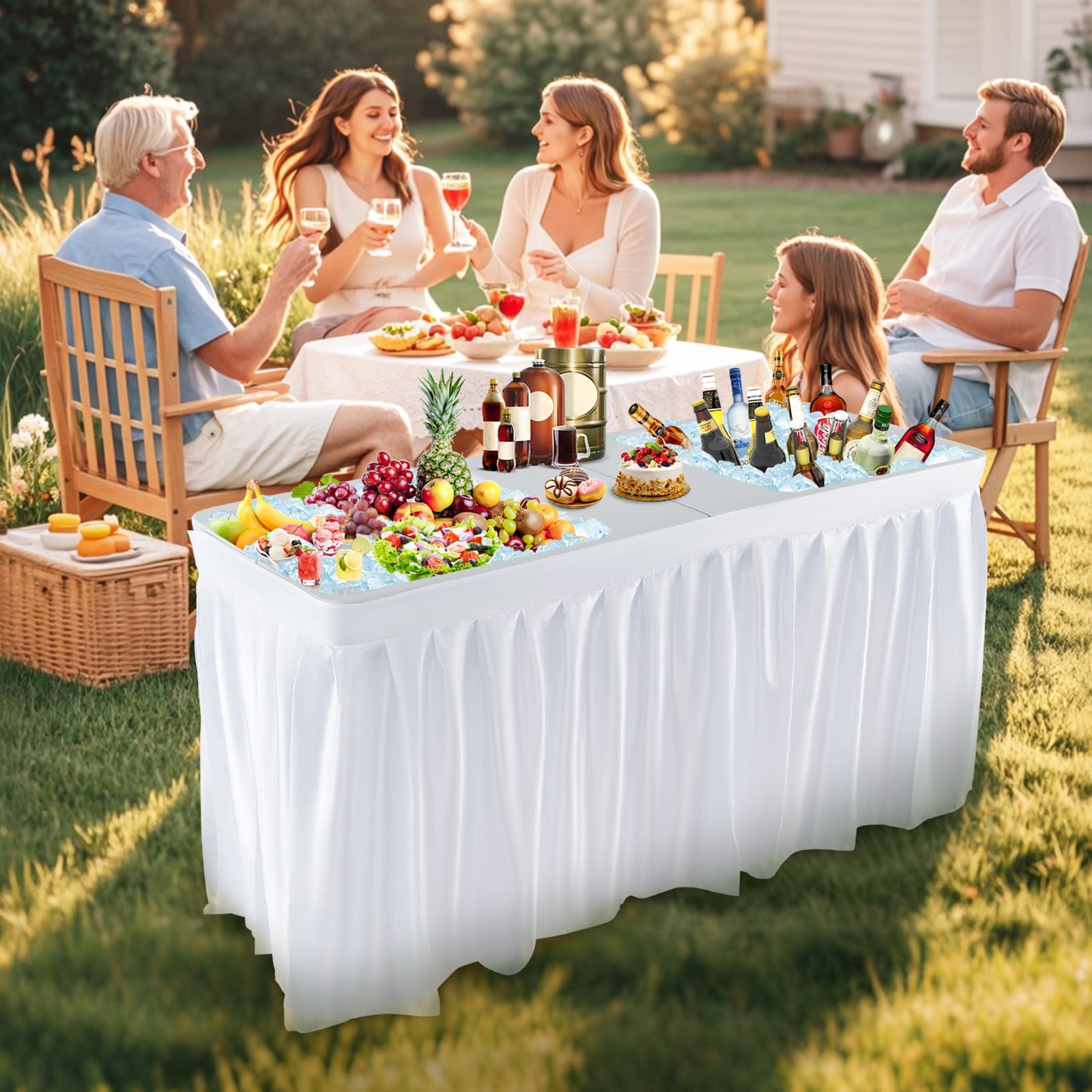 150CM Folding Ice Cooler Table with Double Sinks-White
