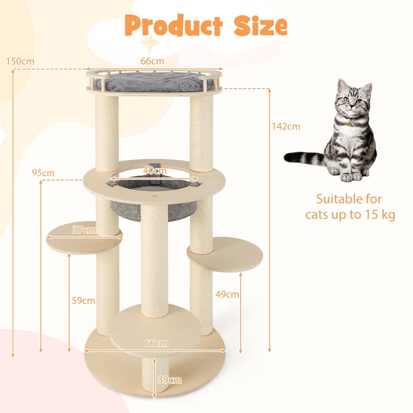 150CM Wooden Multi-Level Cat Tree with Top Perch and Hammock-Grey