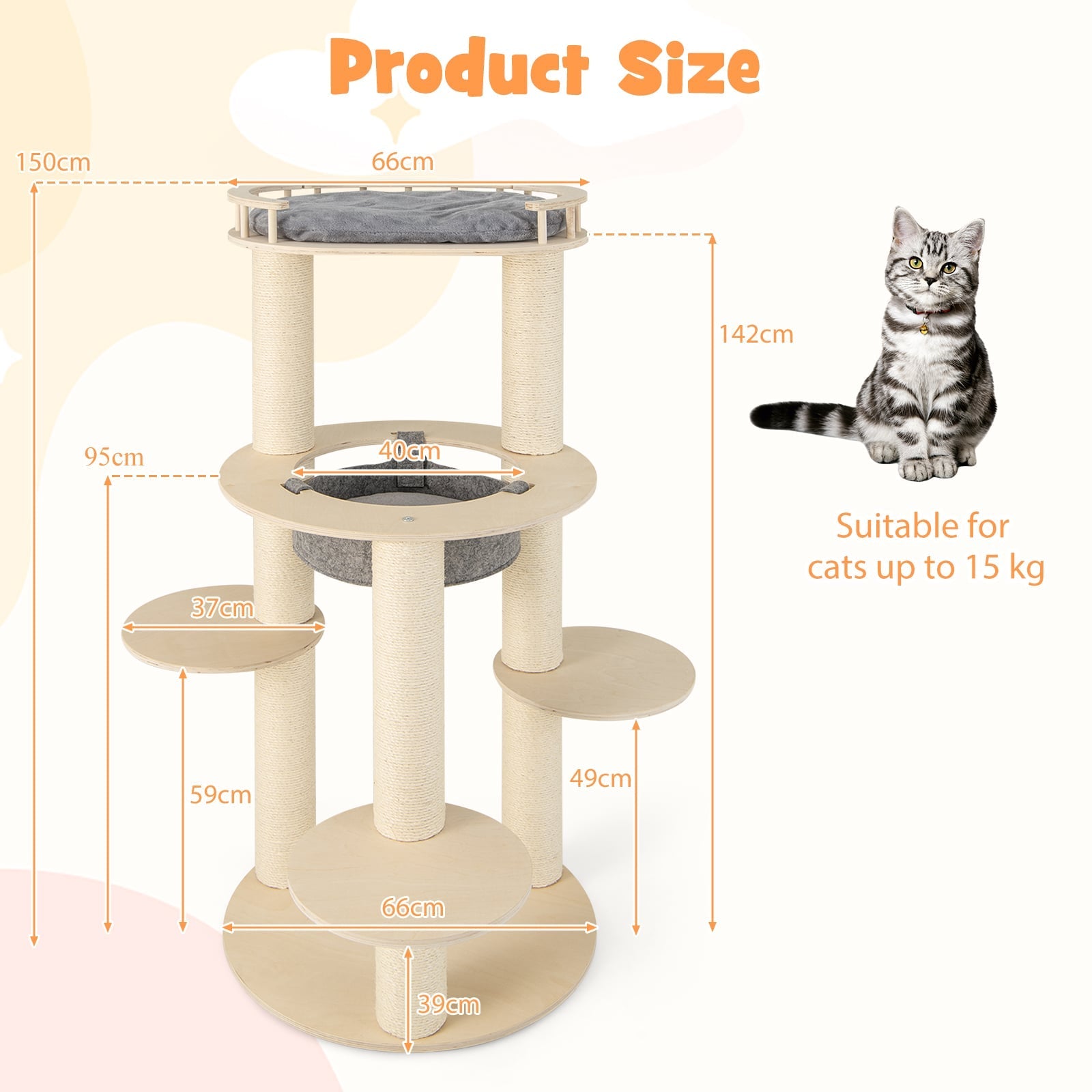 150CM Wooden Multi-Level Cat Tree with Top Perch and Hammock-Grey