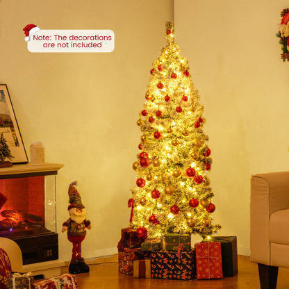 150 CM Pre-Lit Christmas Tree Hinged Slim Pencil Xmas Tree with 329 Snow Flocked PVC Branch Tips-1.5 M