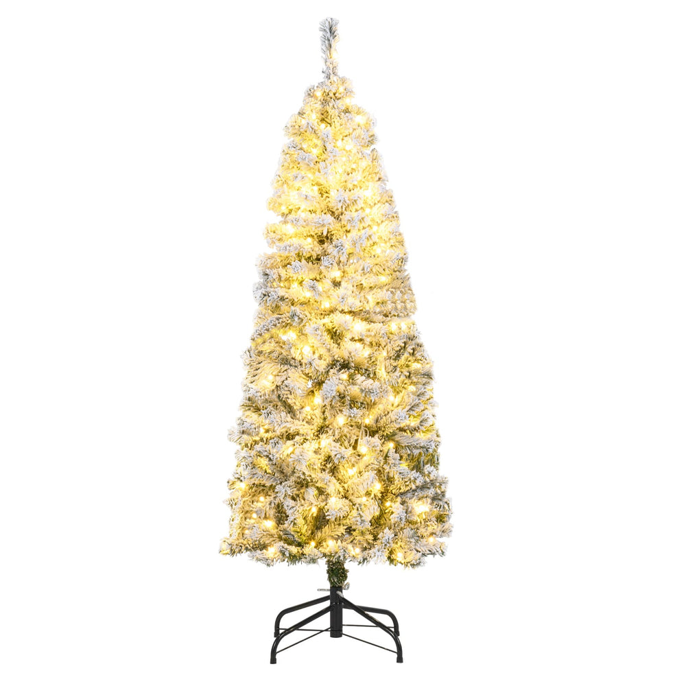 150 CM Pre-Lit Christmas Tree Hinged Slim Pencil Xmas Tree with 329 Snow Flocked PVC Branch Tips-1.5 M
