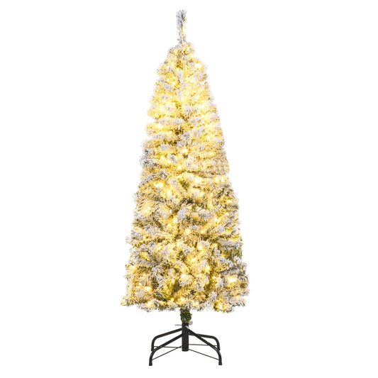 150 CM Pre-Lit Christmas Tree Hinged Slim Pencil Xmas Tree with 329 Snow Flocked PVC Branch Tips-1.5 M