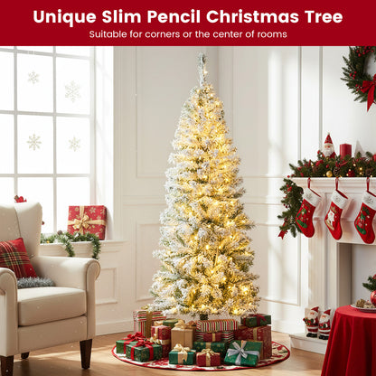 150 CM Pre-Lit Christmas Tree Hinged Slim Pencil Xmas Tree with 329 Snow Flocked PVC Branch Tips-1.5 M