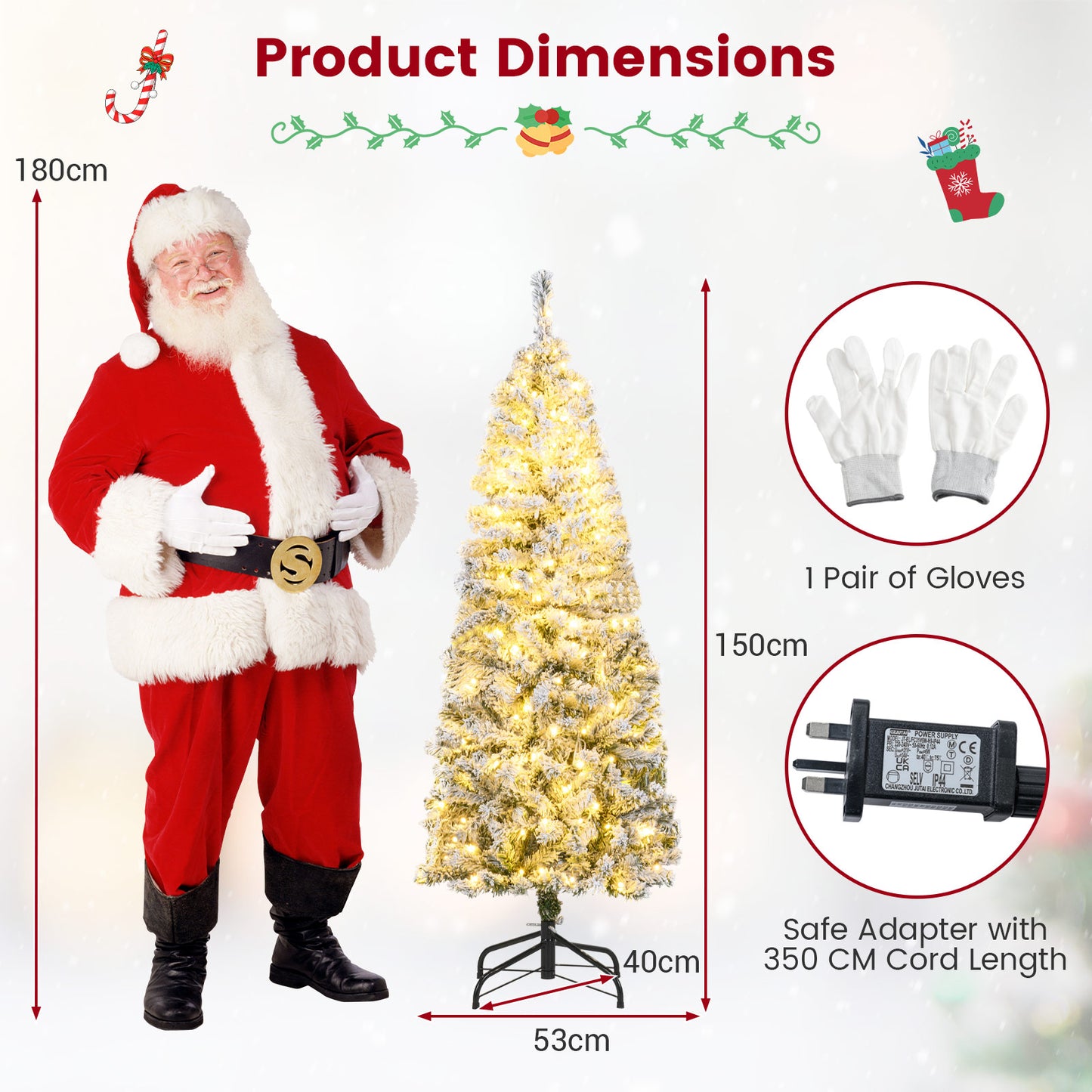 150 CM Pre-Lit Christmas Tree Hinged Slim Pencil Xmas Tree with 329 Snow Flocked PVC Branch Tips-1.5 M