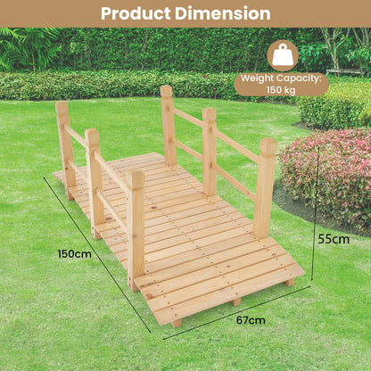 150 cm Wooden Garden Bridge with Double Safety Rails for Backyard Gravel Road-Natural