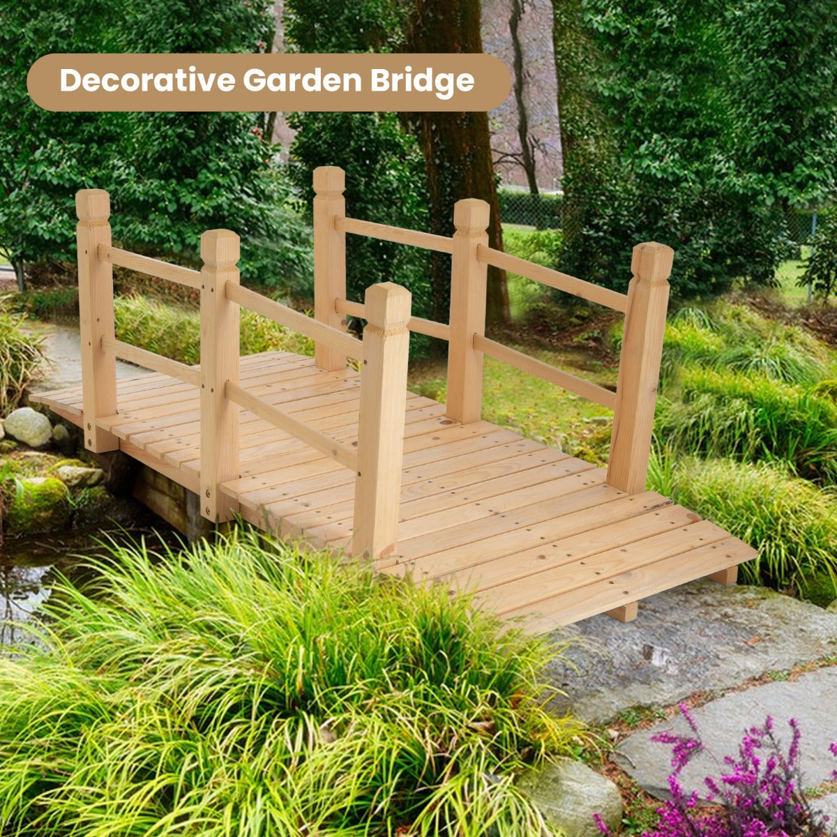 150 cm Wooden Garden Bridge with Double Safety Rails for Backyard Gravel Road-Natural