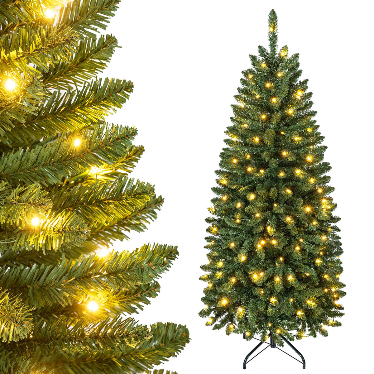 150cm Artificial Pine Xmas Tree with Full Branch Tips LED Lights with 2 Colors Folding Metal Stand
