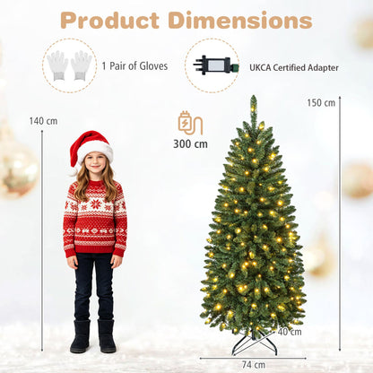 150cm Artificial Pine Xmas Tree with Full Branch Tips LED Lights with 2 Colors Folding Metal Stand