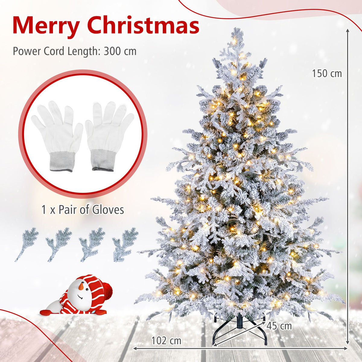 150cm Flocked Christmas Tree with Full Branch Tips LED Lights and Folding Metal Stand