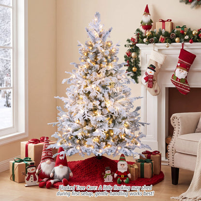 150cm Flocked Christmas Tree with Full Branch Tips LED Lights and Folding Metal Stand